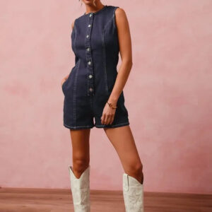 Button Front Washed Denim Sleeveless Romper