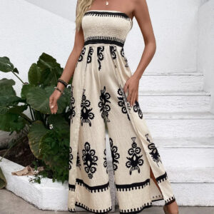 Smocked Print Wide Leg Jumpsuit