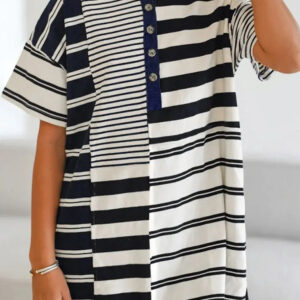 Striped Button Detail Short Sleeve Mini Dress