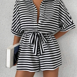 Striped Tie-Waist Half Button Romper