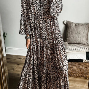 Leopard Print Notched Long Sleeve Maxi Dress