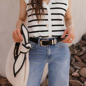 White Knit Striped Button-Front V-Neck Tank Top